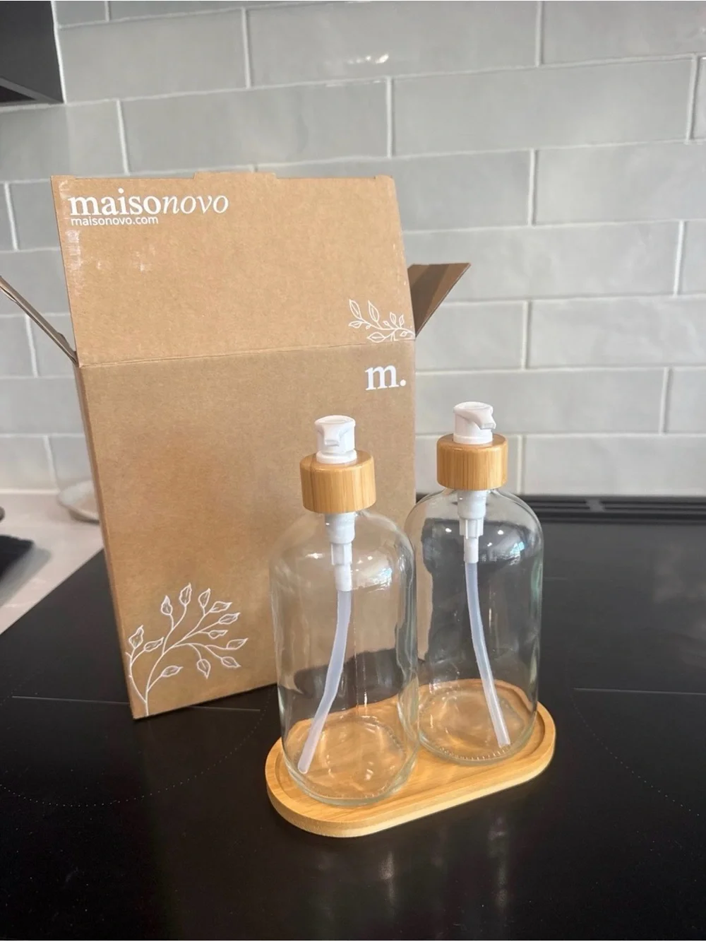 Maisonovo Bamboo-Top Clear Glass Soap Dispenser Set - Amber